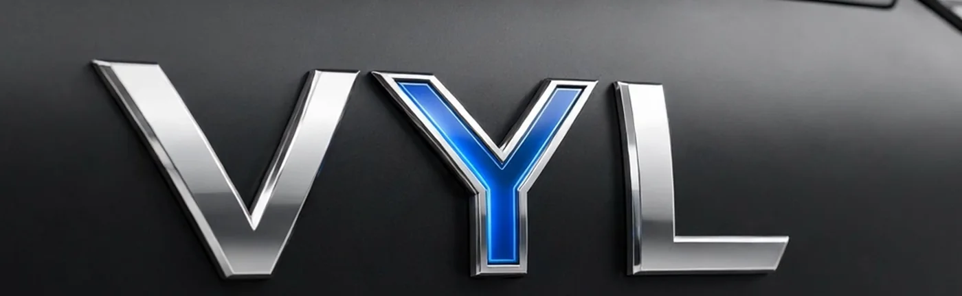 The VYL badge: chrome V and L with an Electric Blue Y